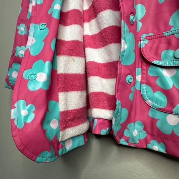 HATLEY Pink Floral Raincoat Girls 5 5T Hood Striped Terry Lined Rain Jacket Girl - Picture 6 of 9